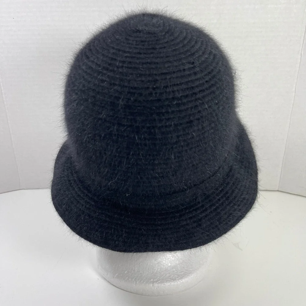 Vintage Nine West Angora Blend Cloche Bucket Hat Womens Black Fuzzy Bow Y2K